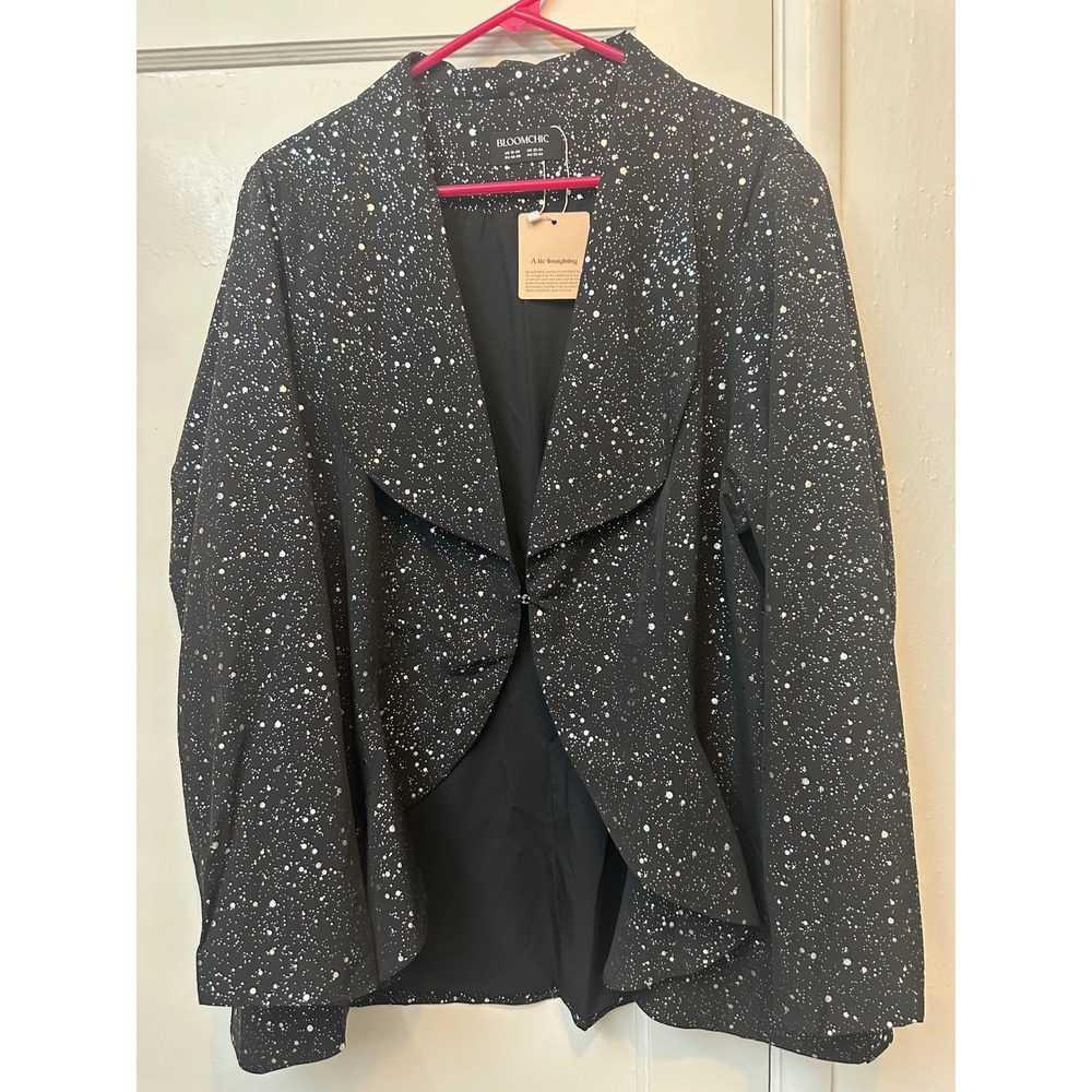 Bloomchic Black Silver Metallic Splatter Draped Open Front Blazer Plus Sz 18-20